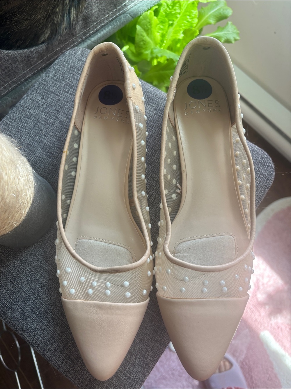 Jones New York Blush Nude Pointed-Toe Pearl Mesh Flats